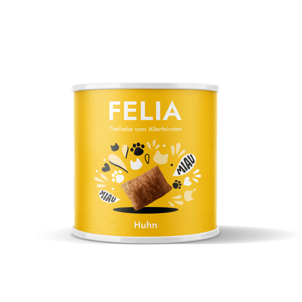 Gelbe Dose FELIA Snacks Huhn mit Tierliebe, abgebildetem Hühnerstück und bunten Grafiken für Haustiere.