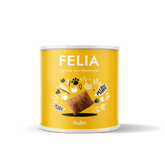 Gelbe Dose FELIA Snacks Huhn mit Tierliebe, abgebildetem Hühnerstück und bunten Grafiken für Haustiere.