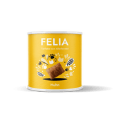 Gelbe Dose FELIA Snacks Huhn mit Tierliebe, abgebildetem Hühnerstück und bunten Grafiken für Haustiere.