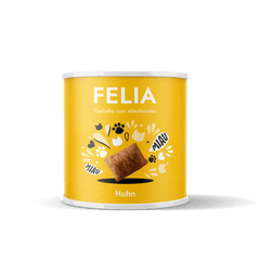 Gelbe Dose FELIA Snacks Huhn mit Tierliebe, abgebildetem Hühnerstück und bunten Grafiken für Haustiere.