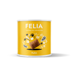 Gelbe Dose FELIA Snacks Huhn mit Tierliebe, abgebildetem Hühnerstück und bunten Grafiken für Haustiere.