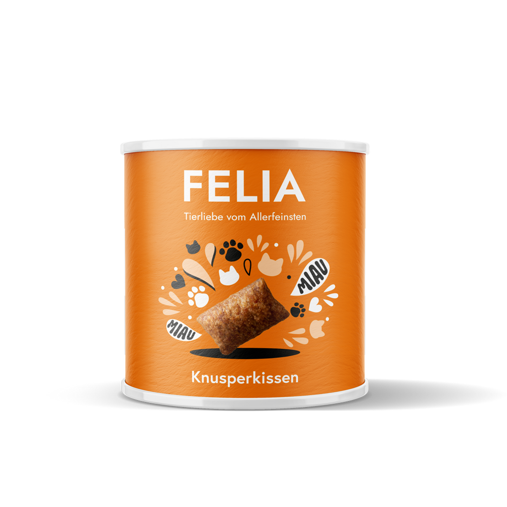 Orangefarbene Dose mit FELIA Knusperkissen für Haustiere, verziert mit Katzengesicht und Pfotenabdrücken.
