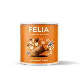 Orangefarbene Dose mit FELIA Knusperkissen für Haustiere, verziert mit Katzengesicht und Pfotenabdrücken.