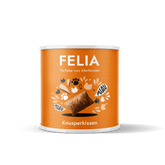 Orangefarbene Dose mit FELIA Knusperkissen für Haustiere, verziert mit Katzengesicht und Pfotenabdrücken.