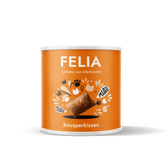 Orangefarbene Dose mit FELIA Knusperkissen für Haustiere, verziert mit Katzengesicht und Pfotenabdrücken.