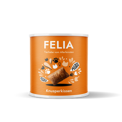 Orangefarbene Dose mit FELIA Knusperkissen für Haustiere, verziert mit Katzengesicht und Pfotenabdrücken.