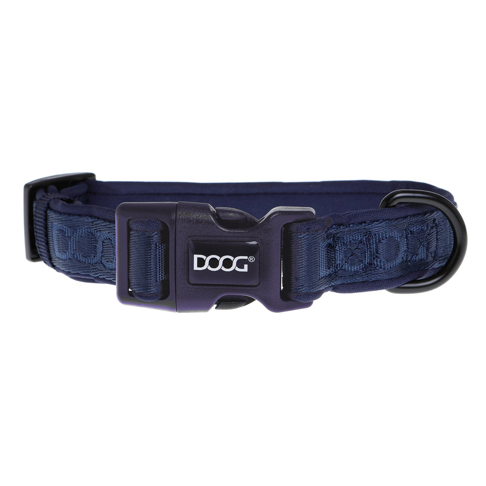 Dunkelblaues Neopren-Hundehalsband mit verstellbarer Schnalle und D-Ring für Leine und Anhänger.