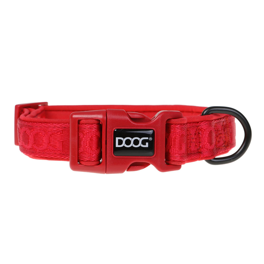 Rotes Neoprene-Hundehalsband mit stabiler Schnalle und D-Ring für Leine und ID-Anhänger. Robust und komfortabel.