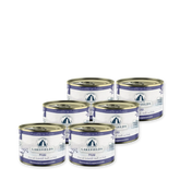 Elegante Dosen des Nassfutters "Lakefields Piro" für erwachsene Pferde in Weiß und Blau. Hochwertiges Design.