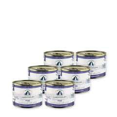 Elegante Dosen des Nassfutters "Lakefields Piro" für erwachsene Pferde in Weiß und Blau. Hochwertiges Design.