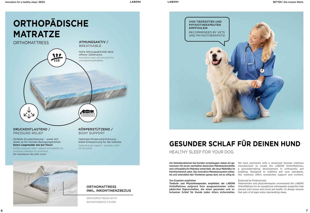 Orthopädisches Hundebett TUDOR: atmungsaktive Matratze mit Druckentlastung und Körperstützung für gesunden Schlaf.