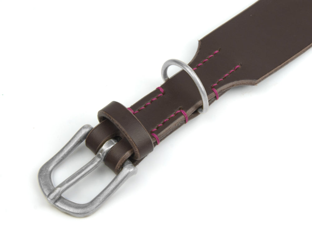 Braunes Lederhalsband "Waldgeist" mit silberner Schnalle und pinker Naht, ideal für stylische Hundeaccessoires.