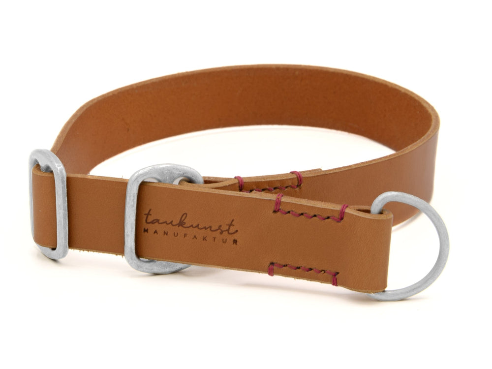 Braunes Lederhalsband mit D-Ring, silbernem Verschluss und roter Naht, ideal für stilvolle Hundebesitzer.
