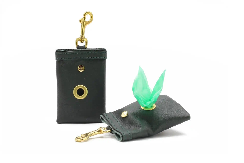 Zwei kleine, grüne Ledertaschen mit goldenem Karabiner und Knopf, ideal für stilvolle Aufbewahrung.