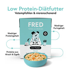 FRED VET Low Protein Diätfutter für nierenbelastete Tiere mit niedrigem Proteingehalt und leichter Verdaulichkeit.