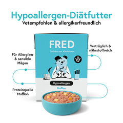 Hypoallergenes Diätfutter FRED VET für sensible Hunde mit Mufflongeschmack in Verpackung und Schüssel abgebildet.