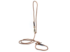 Braune Rundleder-Hundeleine mit Karabinerhaken und Griffschlaufe für komfortable Ausgänge.