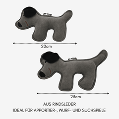 Rindsleder-Hund Spielzeug für Hunde, handgefertigt, robust und weich für Apportier- und Kuschelspiele in zwei Größen.