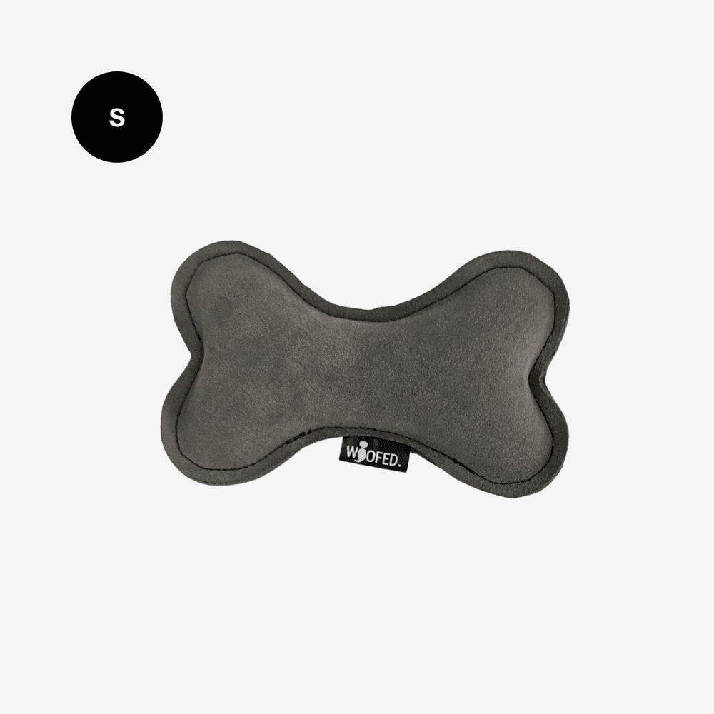 Rindsleder-Knochen für Hunde in grau, weiches Material, ideal zum Apportieren, Kuscheln und Spielen.