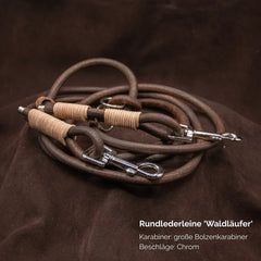 Robuste Rundlederleine "Waldläufer" aus braunem Leder mit großen Bolzenkarabinern und chromfarbigen Beschlägen.