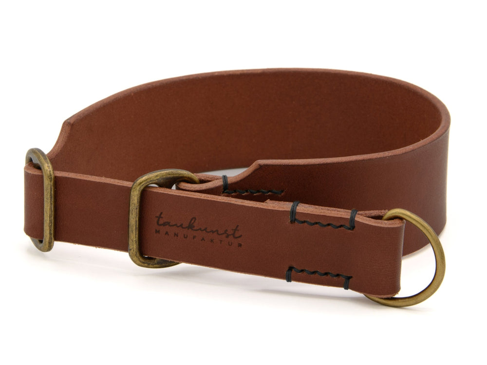 Braunes Lederhalsband mit goldener Metallöse und "tanukunst MANUFAKT"-Schriftzug für stilvolle Hundeaccessoires.