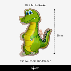 Hundespielzeug Krokodil "Kroko" aus Rindsleder, 21 cm hoch, cartoonhaftes Design für sicheren Spielspaß und Beschäftigung.