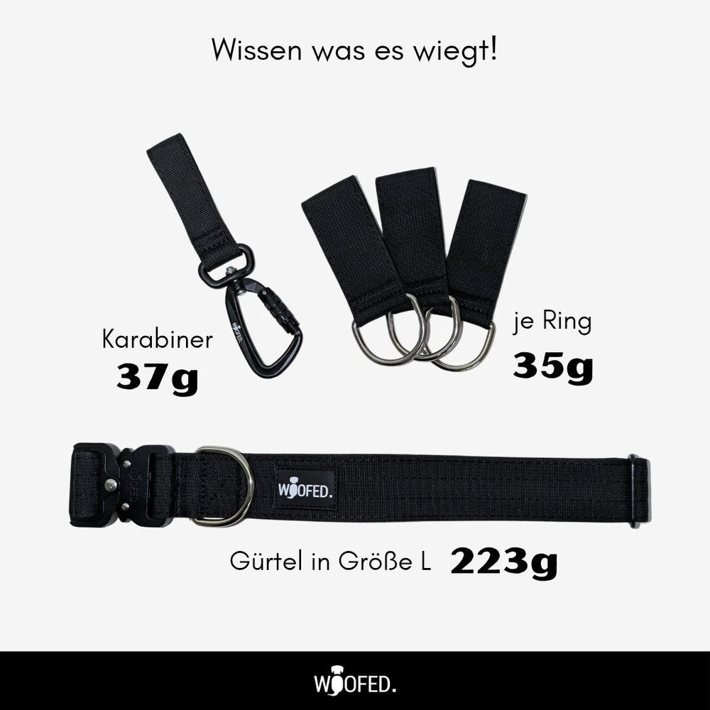Verstellbarer ultraleichter Gassigürtel von WOOFED mit Karabiner und Ringen, ideal für aktive Hundehalter.