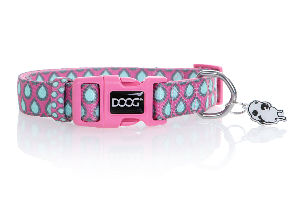 Pinkes Neopren-Hundehalsband mit buntem Tropfenmuster und robuster Schnalle, ideal für Stil und Sicherheit.