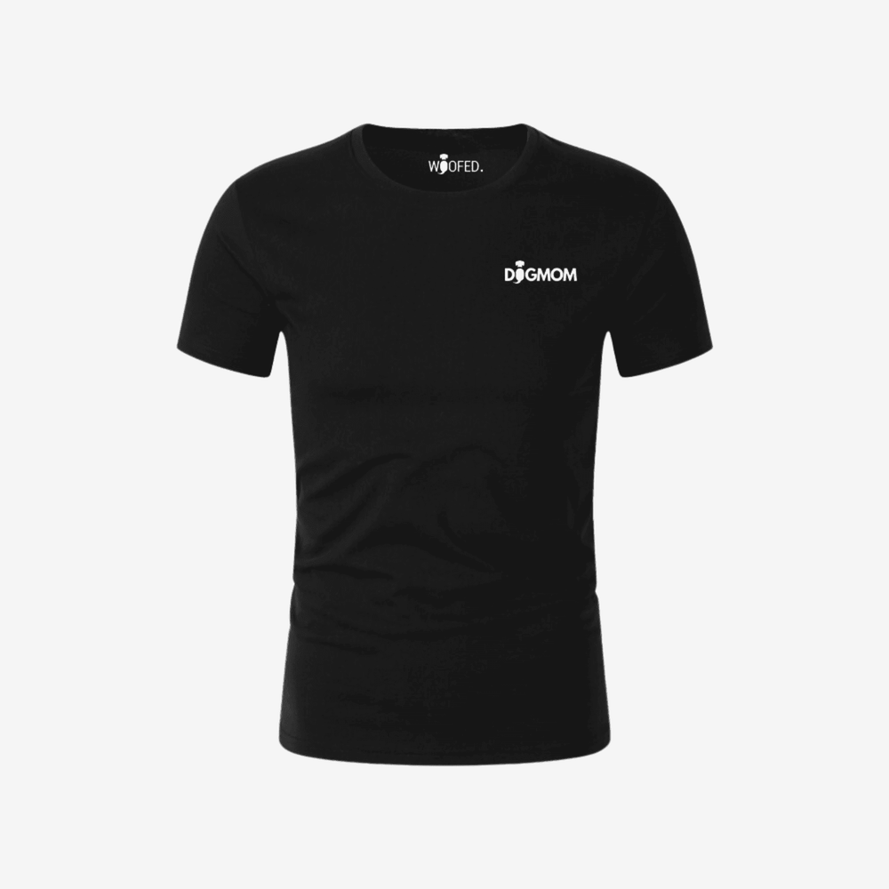 schwarzes T-Shirt "Dogmom" mit weißem Schriftzug, ideal für Hundeliebhaberinnen, lässiger Schnitt, bequemer Alltag