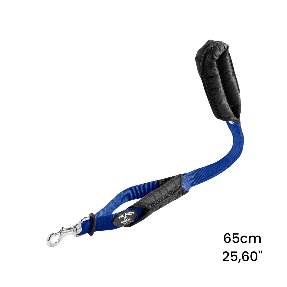 Blaue Hundeleine mit gepolstertem Griff, 65 cm lang, robuster Karabinerhaken, ideal für komfortables Spazierengehen.