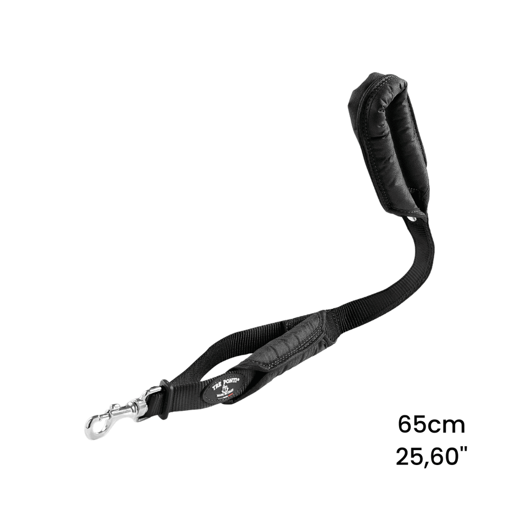 Schwarze, gepolsterte Hundeleine mit stabilen Karabiner, 65 cm lang und strapazierfähigem Material. Ideal für Spaziergänge.