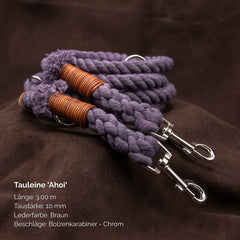 Geflochtene Hundeleine 'Ahoi' in lila, 3,00 m lang und 10 mm dick, ideal für Spaziergänge.