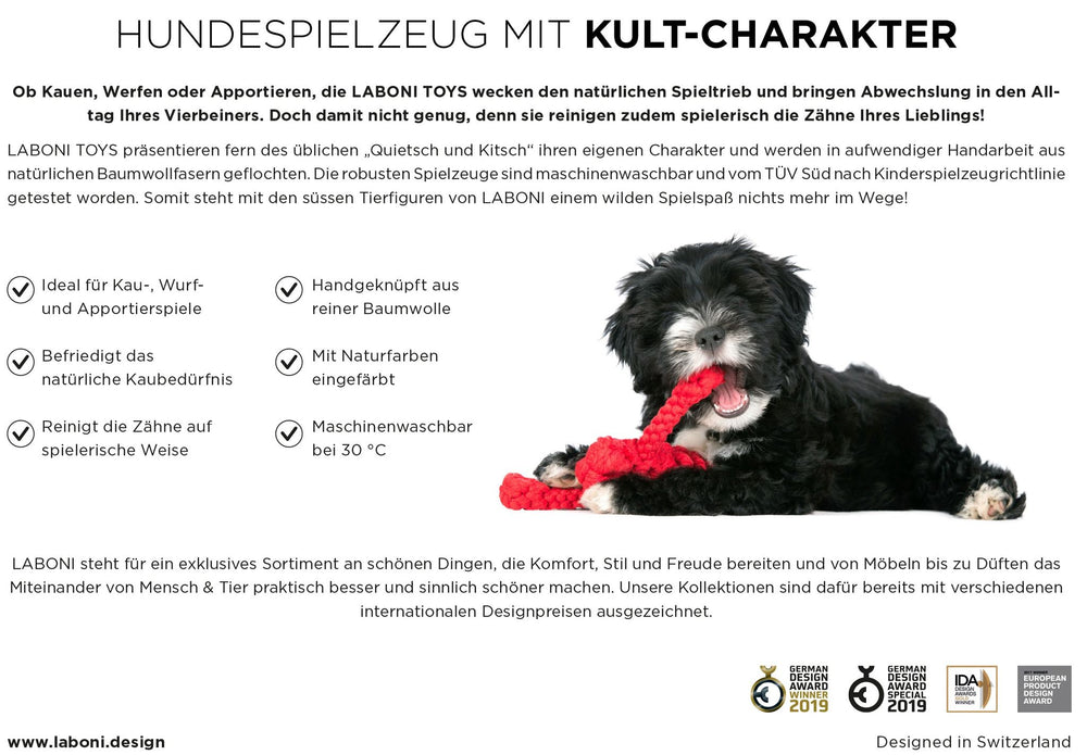 Mini Heart: Robustes Hundespielzeug in roter Knotenform, ideal für Wurf- und Apportierspiele aus natürlichem Baumwollmaterial.