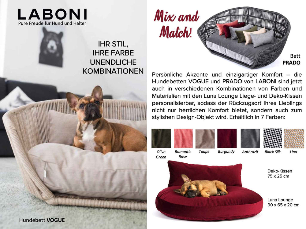 "Stylisches PRADO Design-Hundebett OXFORD in lichtbraun mit beigem Kissen, ideal für moderne Wohnräume."