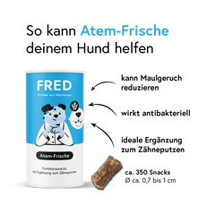 Funktionssnack Atem-Frische für Hunde zur Reduzierung von Maulgeruch mit antibakterieller Wirkung von Minze und Eukalyptus.