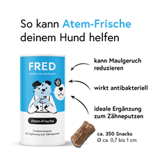 Funktionssnack Atem-Frische für Hunde zur Reduzierung von Maulgeruch mit antibakterieller Wirkung von Minze und Eukalyptus.