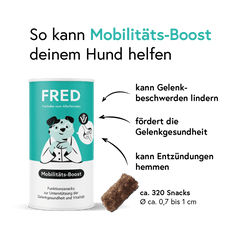 Funktionssnack Mobilitäts-Boost für Hunde in praktischer Dose zur Unterstützung der Gelenkgesundheit und Beweglichkeit.