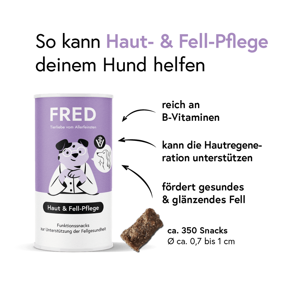 Funktionssnack Haut & Fell-Pflege für Hunde in Dose, unterstützt gesunde Haut und glänzendes Fell mit B-Vitaminen.