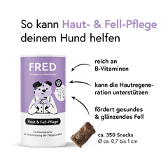 Funktionssnack Haut & Fell-Pflege für Hunde in Dose, unterstützt gesunde Haut und glänzendes Fell mit B-Vitaminen.