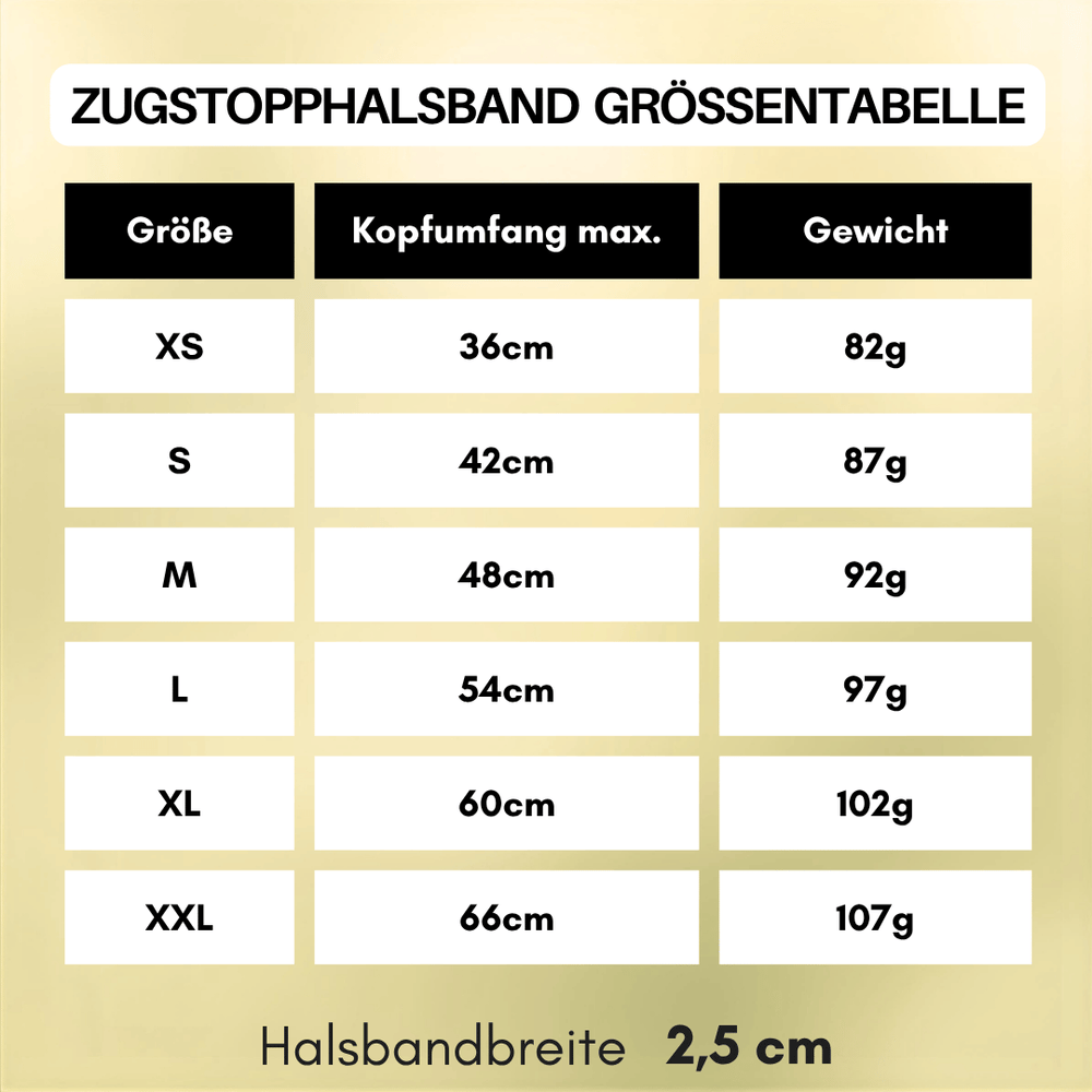 Größentabelle für das WOOFLEX® Zugstopphalsband mit Größen und empfohlenem Kopfumfang sowie Gewicht.