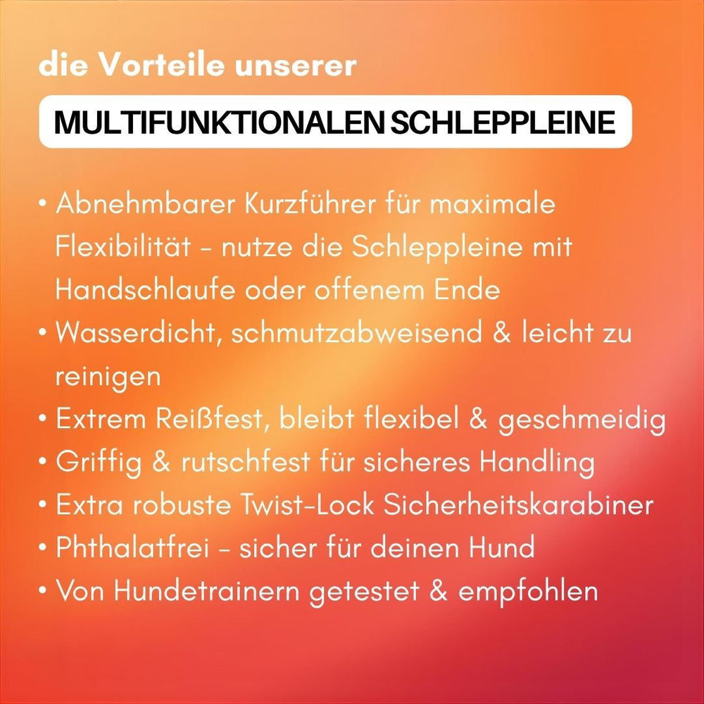 "Bunte Schleppleine WOOFLEX® mit Sicherheitskarabiner, flexibler, wasserfester und leicht zu reinigender Beschreibung."