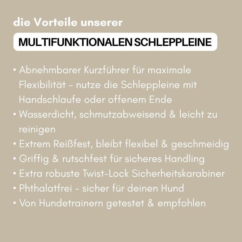 Multifunktionale WOOFLEX® Schleppleine mit Sicherheitskarabiner und Vorteilen wie Wasserfestigkeit und Reißfestigkeit.
