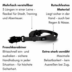 Verstellbare WOOFLEX® Hundeleine mit Froschkarabiner in Schwarz, rutschfest und sicher bei Nässe.