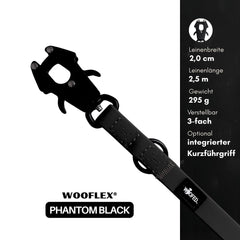 Schwarze WOOFLEX® Hundeleine mit Froschkarabiner, 2,0 cm breit, 2,5 m lang und dreifach verstellbar.