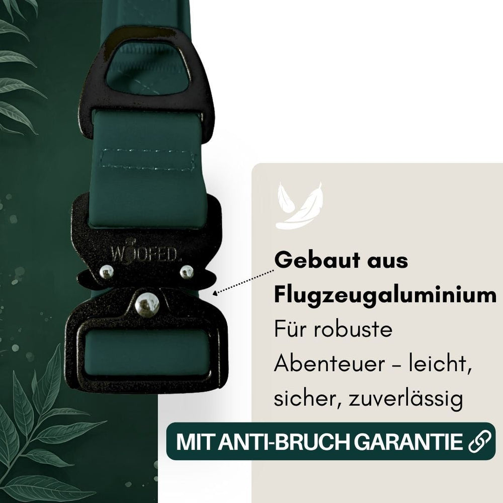 Verstellbares WOOFLEX® Halsband in Grün mit Froschkarabiner aus Flugzeugaluminium für Abenteuer mit Ihrem Hund.