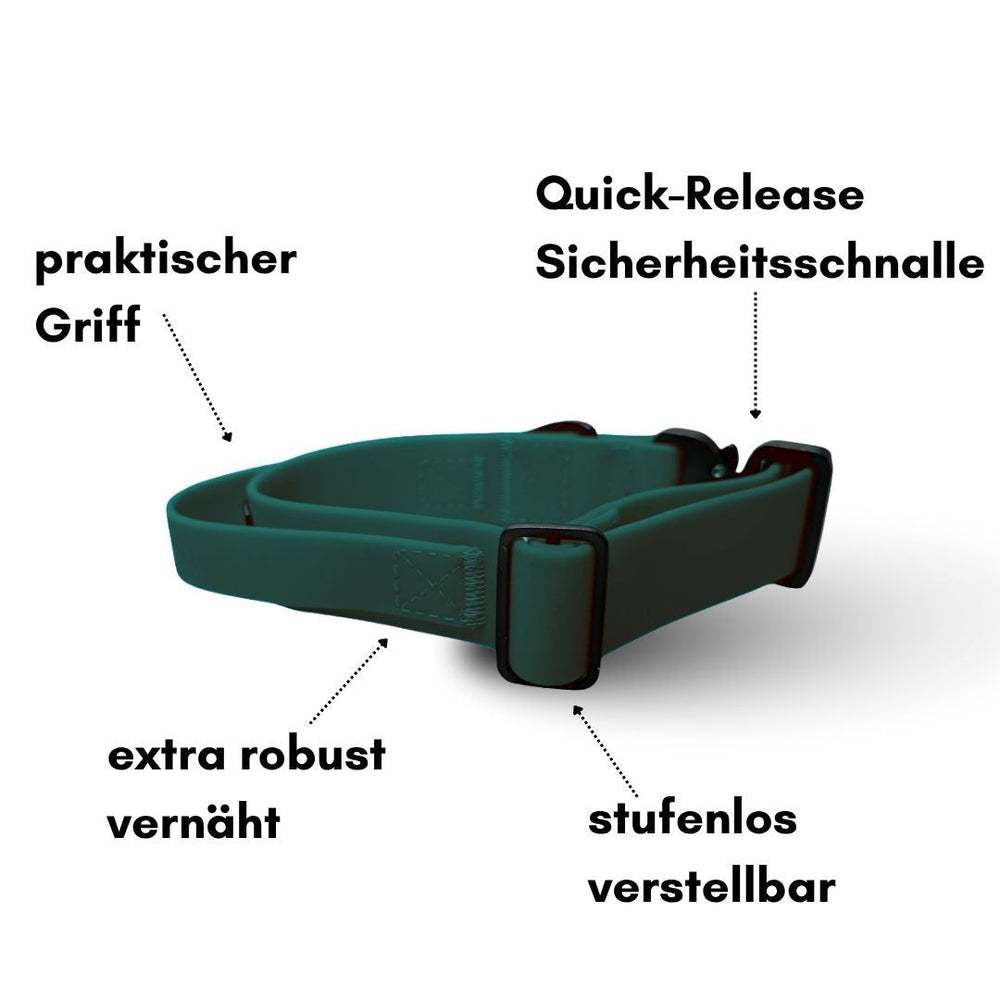 Verstellbares WOOFLEX® Halsband mit Froschkarabiner in Blau, robust und mit Quick-Release Sicherheitsschnalle, ideal für Hunde.