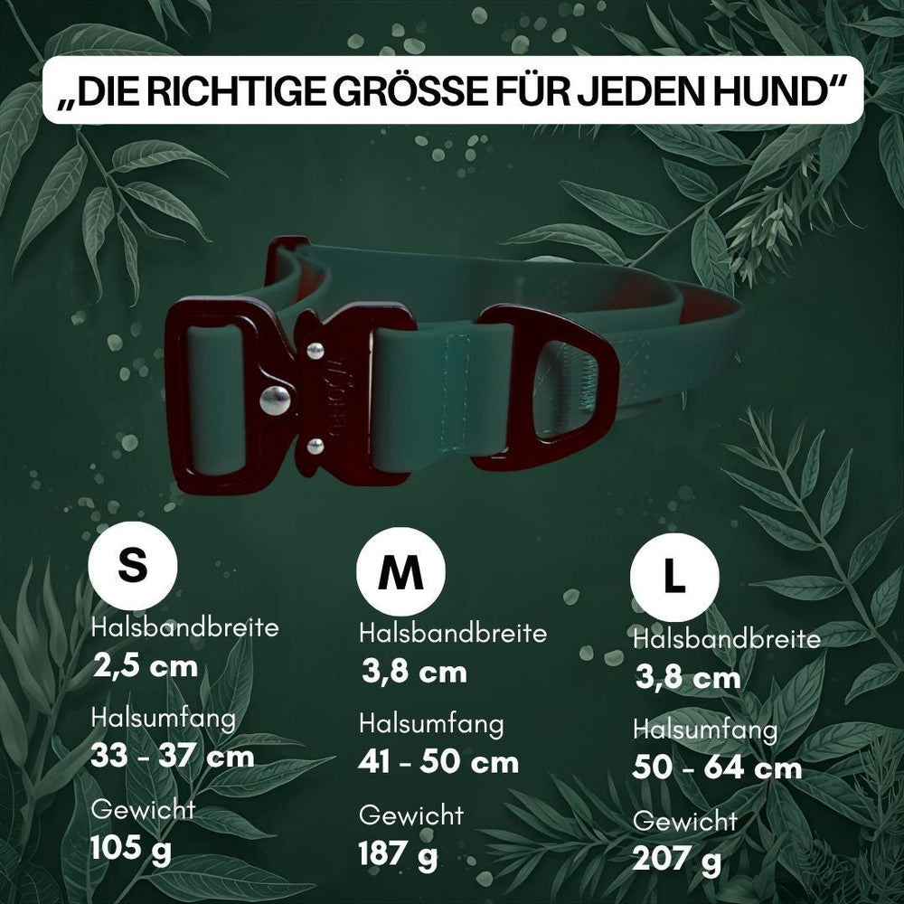 "Verstellbare WOOFLEX® Hundehalsbänder in S, M und L mit Froschkarabiner, auf grünem Hintergrund."