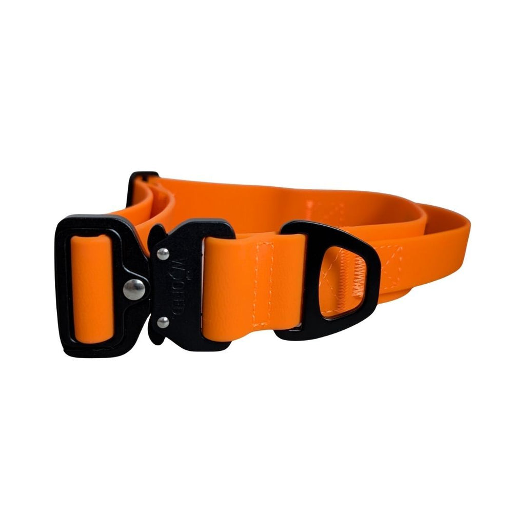 Verstellbares orangefarbenes Hundehalsband WOOFLEX® mit strapazierfähigem Froschkarabiner und robustem Schnappverschluss.