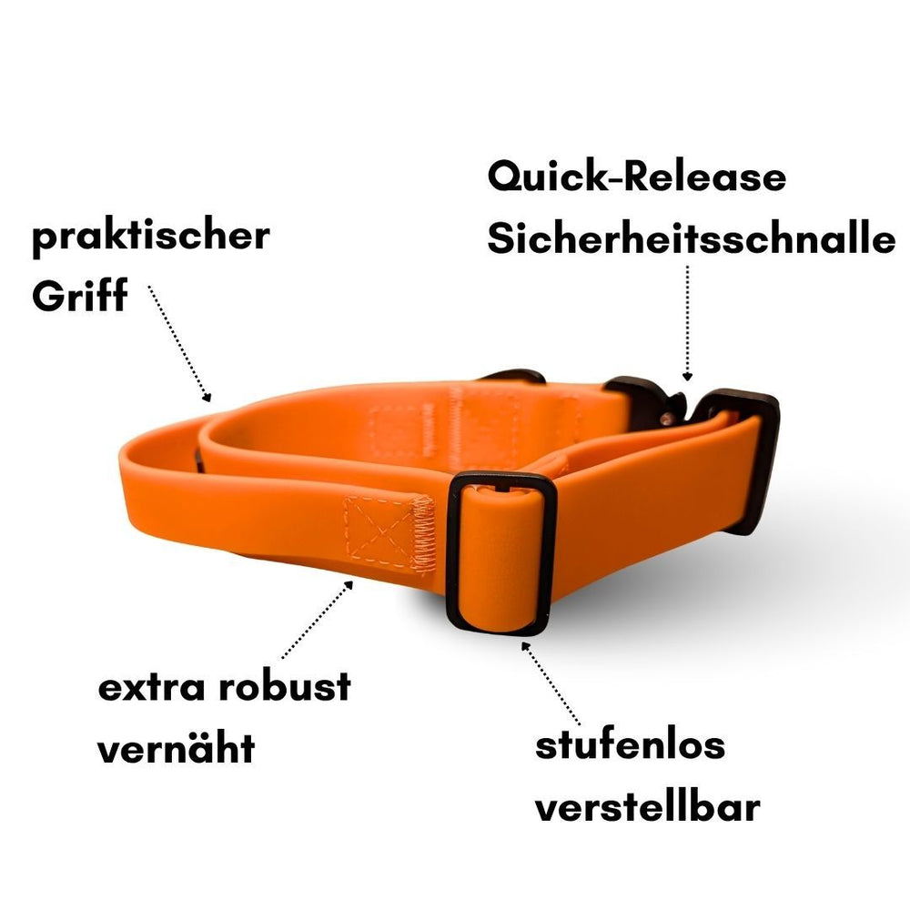 Leuchtend orangefarbenes, verstellbares Hundehalsband WOOFLEX® mit Froschkarabiner und praktischem Griff.