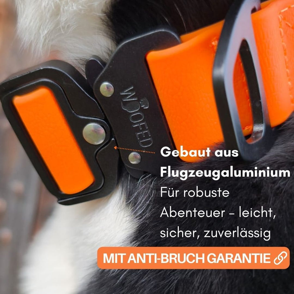 Verstellbares WOOFLEX® Hundehalsband mit orangefarbenem Verschluss aus Aluminium und Anti-Bruch-Garantie.